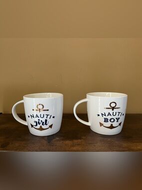Slant  'Nauti Girl' & Nauti Boy Ceramic Mug with Gold Nautical Theme NWOT